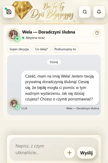 Moduł Doradca Ślubny AI Wela na telefonie (widok pionowy).