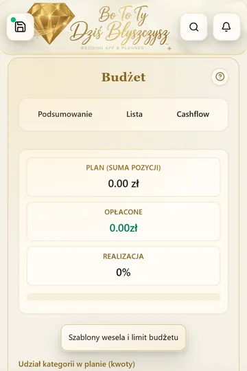 Moduł Budżet ślubny na telefonie (widok pionowy).