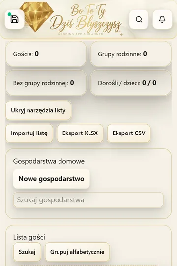 Moduł Lista Gości i RSVP w aplikacji mobilnej (widok pionowy).